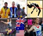 Лёгкая атлетика мужчины прыжки подиум, Грег Рутерфорд (Соединенное Королевство), Mitchell Ватт (Австралия) и Уилл Claye (Соединенные Штаты), Лондон 2012